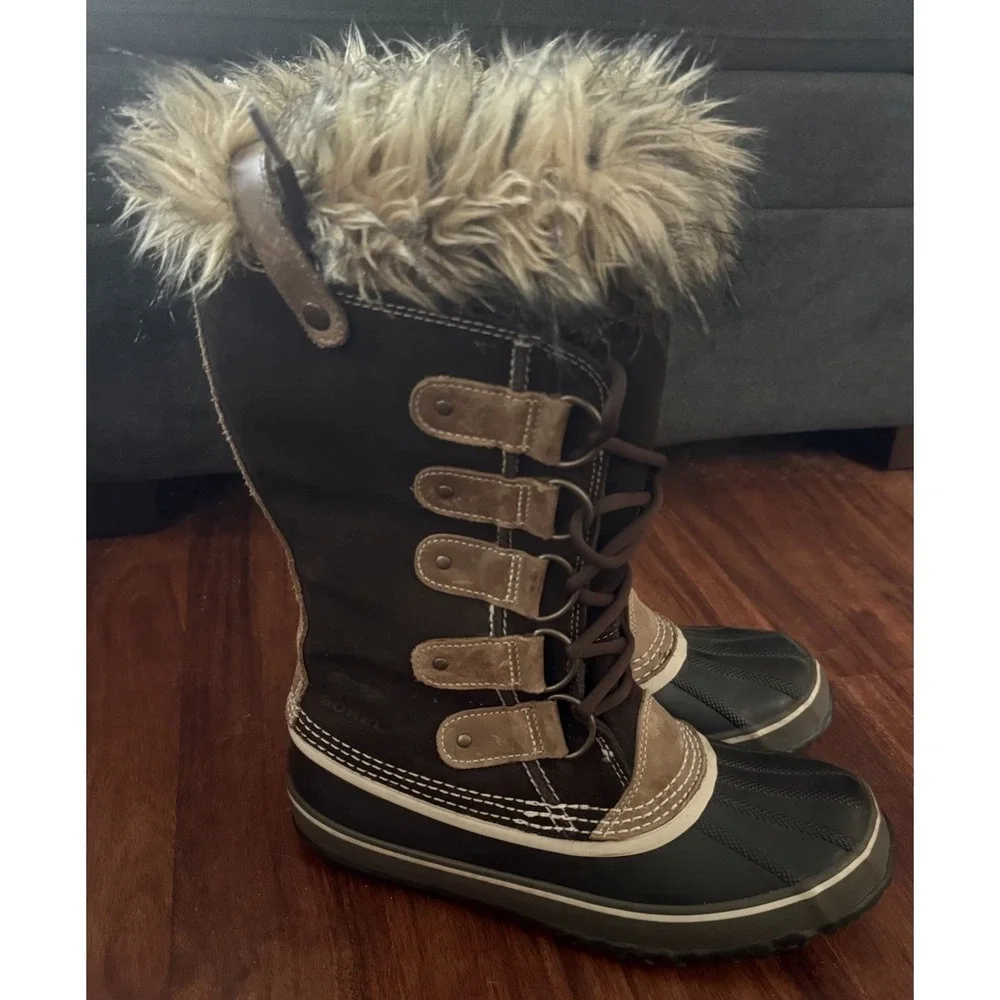 Sorel Joan Of Arctic Womens 9 Hawk Brown Waterproof Fur Snow Boots NL1540